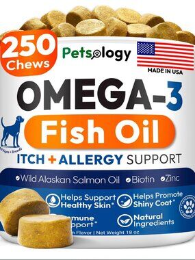 Omega 3 for Dogs - 250 Fish Oil Chews for Shedding Allergy Itch Relief PETSOLOGY